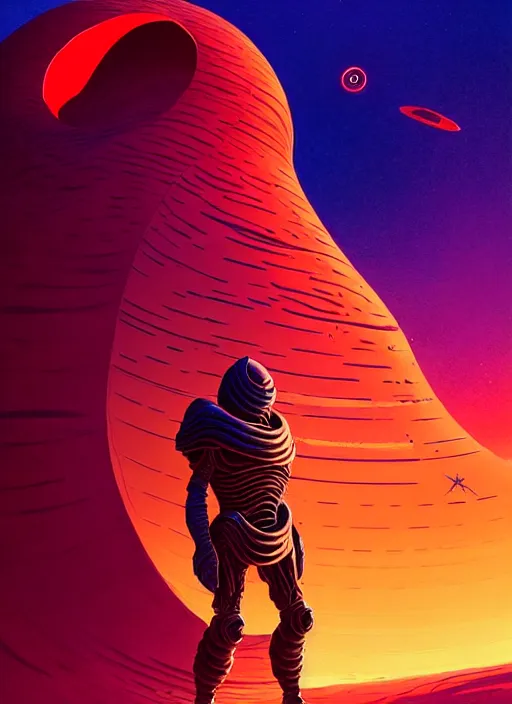 Image similar to paul atreides on the planet dune standing before a sandworm, beautiful detailed realistic cinematic character concept fashion portrait, hi - fructose art magazine, by anton fadeev and paul lehr and david heskin and josan gonzalez, 8 k