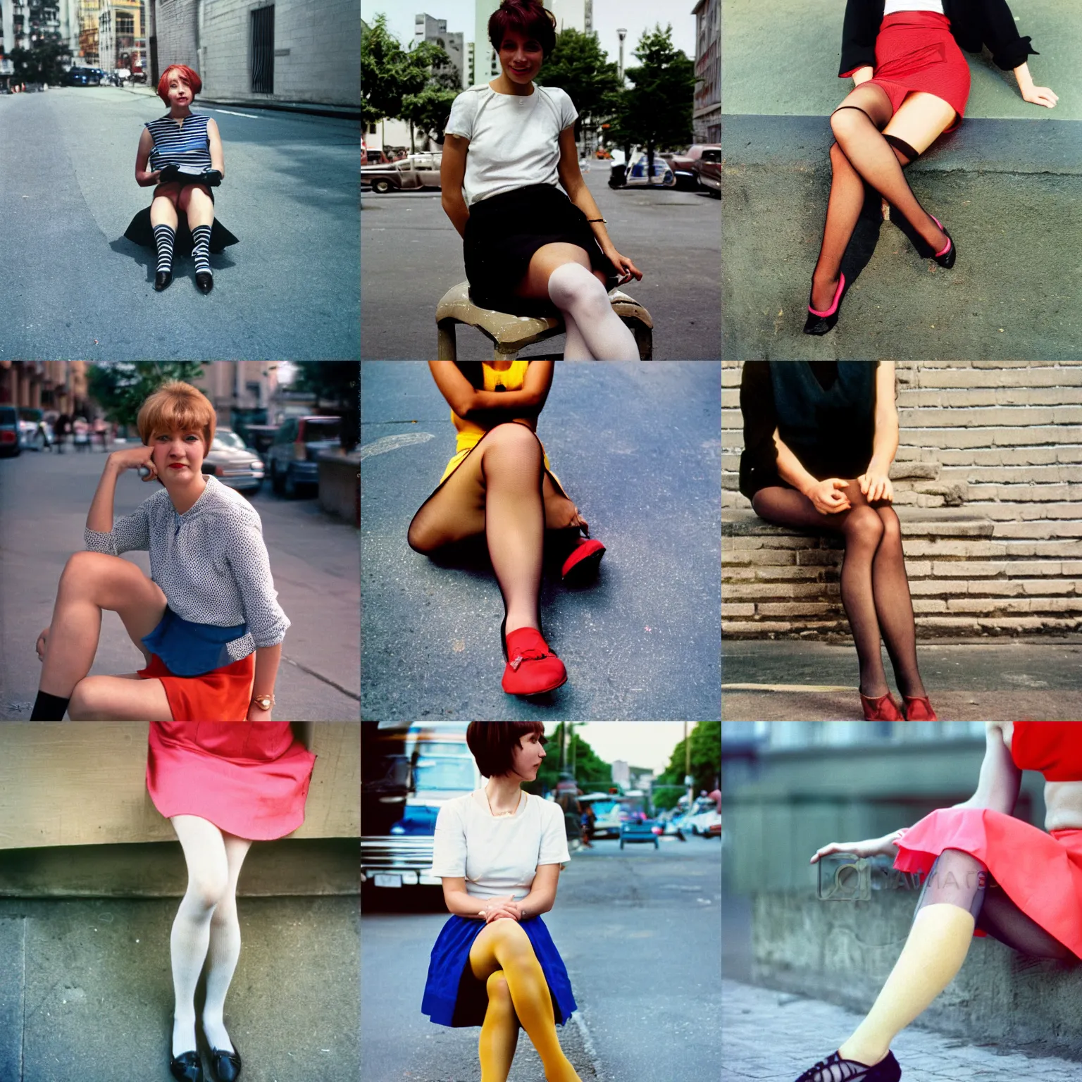 Prompt: A woman, sitting, mini-skirt, short hair, tights, building; on the street, summer; 90's professional color photograph, close up, view from front.