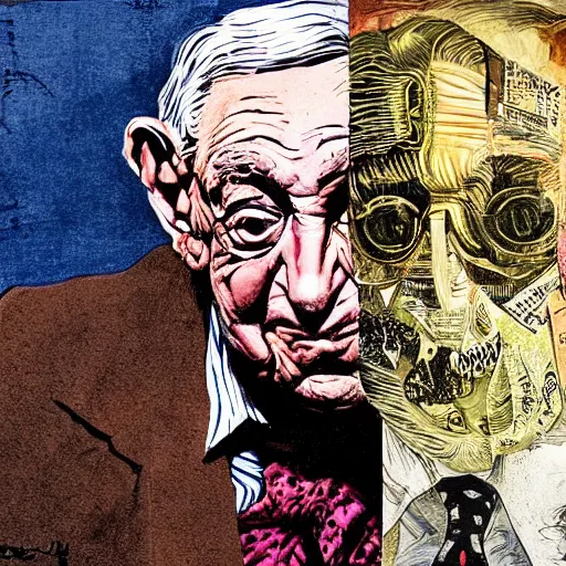 Image similar to George Soros full body shot, dollar bills Body horror, biopunk, by Ralph Steadman, Francis Bacon, Hunter S Thompson