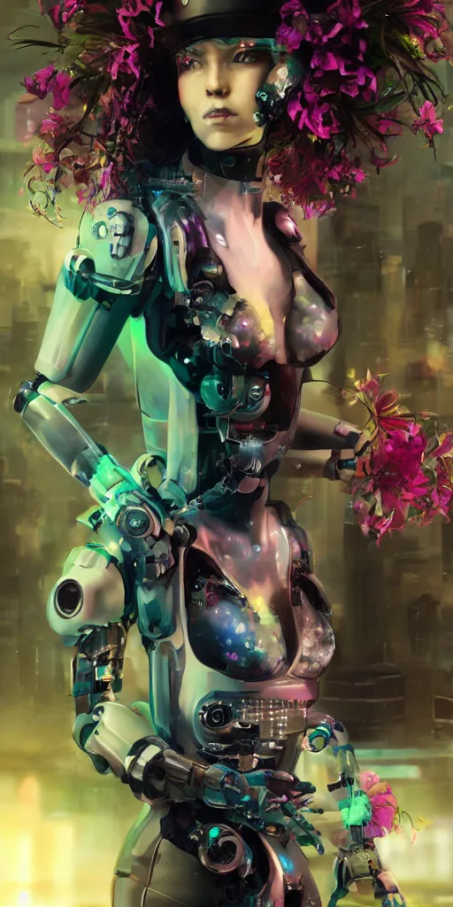 Image similar to Cyber punk 2077 robot girl, very beautiful portrait, Detroit game style, woman wrapped in flowers lily, photorealism