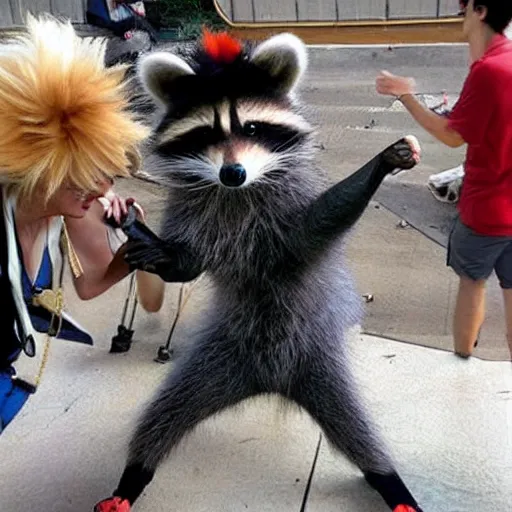 Image similar to a racoon dressed up as goku, realistic.