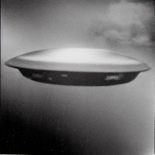 Image similar to polaroid photograph of ufo taken in the sky, hanebau, 1 9 5 0 s, black and white, blurry