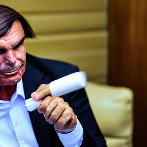 Image similar to president jair bolsonaro smoking a vape pen, award winning photograph, 4 k, journalistic photo, wide shot, high quality, photo by time magazine.