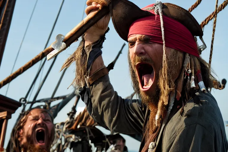 Prompt: closeup old pirate yelling holding wielding cutlass sword on an old pirate ship, by emmanuel lubezki