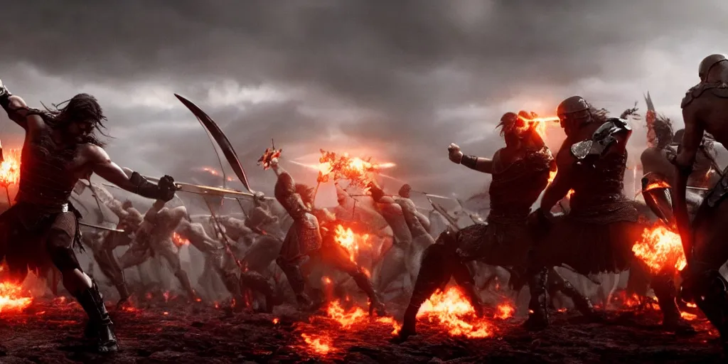 Image similar to epic battle screen of hero, film still from the movie'3 0 0'( 2 0 0 6 ), 3 d, 8 k realistic, cryengine, playstion 5 screen, cinematic lighting