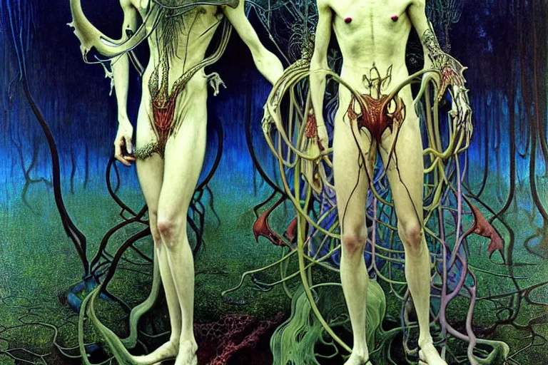 Image similar to realistic extremely detailed portrait painting of an elegantly creepy vampire man dressed as dracula, futuristic sci-fi forest on background by Jean Delville, Amano, Yves Tanguy, Alphonse Mucha, Ernst Haeckel, Edward Robert Hughes, Roger Dean, rich moody colours, blue eyes