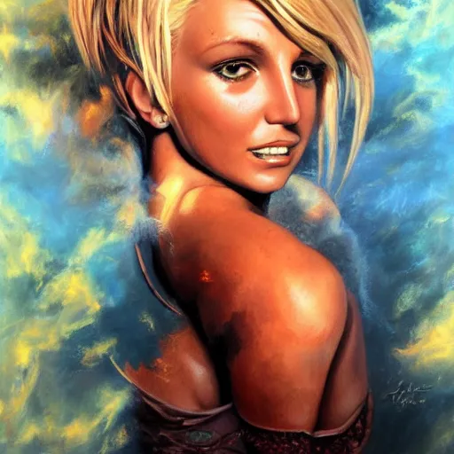 Image similar to detailed portrait of britney spears anime intricate, hyper detailed, realistic, oil painting, by julie bell, frank frazetta, cinematic lighting