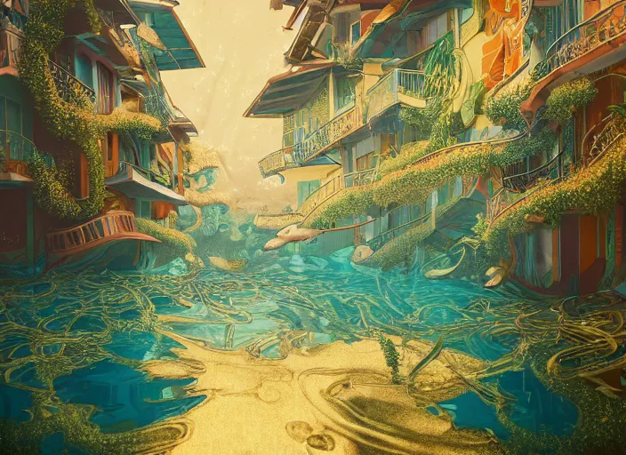 Image similar to foliage in art nouveau favela, underwater environment, borealis, scenery, professional, award - winning, trending on artstation, hyper detailed, realistic, beautiful, emotional, shiny, golden, picture