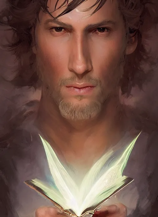 Prompt: character concept portrait of an attractive young Spanish wizard with tan skin conjuring a destruction spell, a floating iridescent spell book in the center, intricate, elegant, digital painting, concept art, smooth, sharp focus, illustration, from Metal Gear, by Ruan Jia and Mandy Jurgens and William-Adolphe Bouguereau, Artgerm