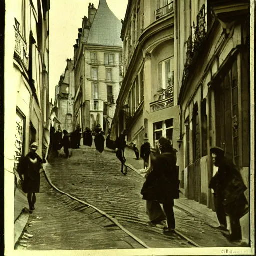 Image similar to 1 9 1 0, paris street scene, montmartre steps, photograph, style of atget, old, creepy