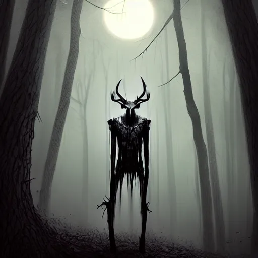 Image similar to in the style of artgerm, peter mohrbacker, rafael albuquerque, wendigo in the forest emerging from the shadows, deer skull face, antlers, fog, full moon, moody lighting, horror scary terror