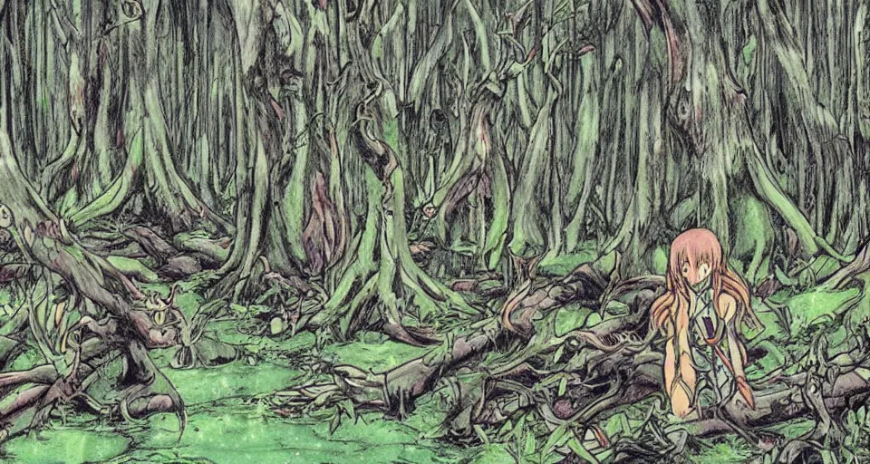Image similar to A dense and dark enchanted forest with a swamp, from Evangelion