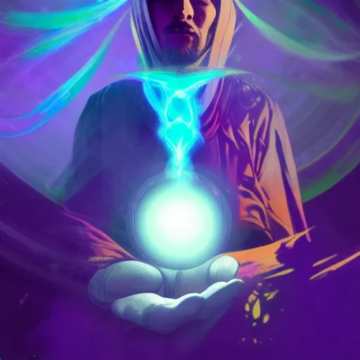 Image similar to a warlock is casting a magic spell, while magic orb is floating in his hand, the magic orb emit a rainbow vapour, dynamic pose, chromatic aberration , medium level shot, Mucha style , Grim fantasy, illustration ,concept art,