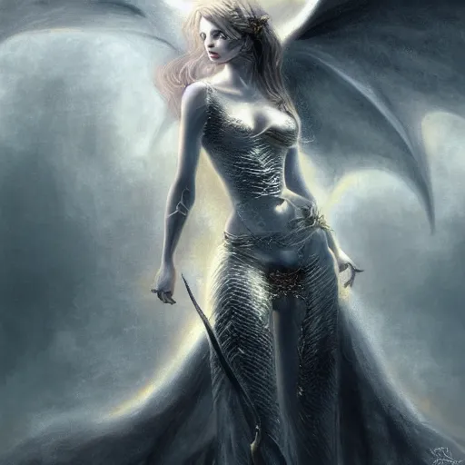 Image similar to a beaufitul painting of a young woman with dragon wings and with dragon scales on her skin, concept art, atmospheric, photo realistic, magical atmosphere