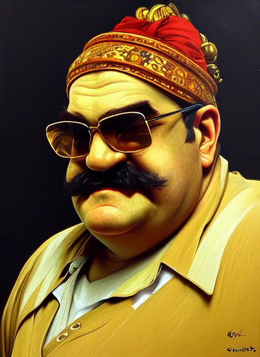 Prompt: oil portrait of wario, intricate, elegant, highly detailed, lighting, painting, artstation, smooth, illustration, art by greg rutowski and alphonse mucha