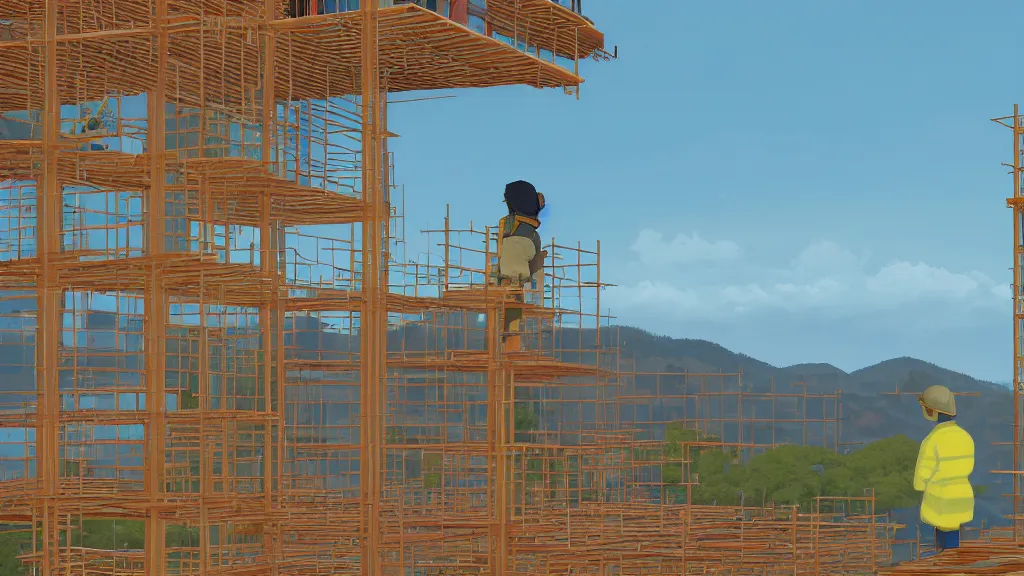 Prompt: In the scaffold construction tower I radioed my friend a code that I spotted a plot of land in the distance, screen print by Kawase Hasui and dan hillier, 8k unreal engine