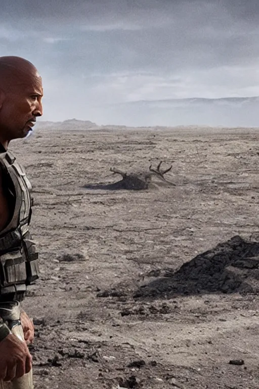 Image similar to An epic cinematic film still of Dwayne Johnson in a movie directed by Denis Villeneuve.