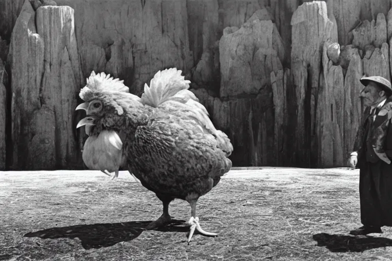 Prompt: a cinematic still of beautiful landscape, olmsted, brutalist chicken man