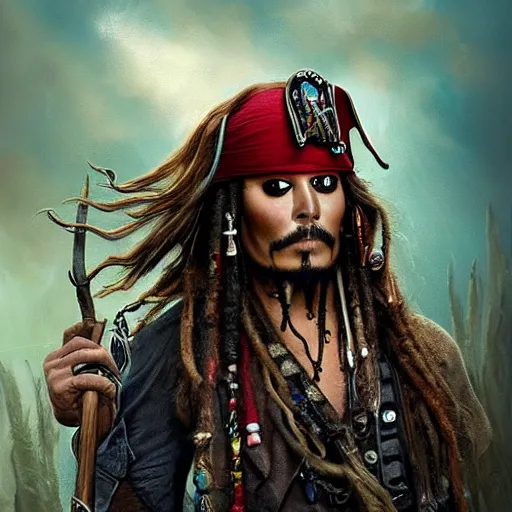 Prompt: a hyperrealistic illustration of Captain Jack Sparrow as Davy Jones, Face hybrid of Davy Jones and Jack Sparrow, Pirates of the Caribbean Ship with fractal sunlight in the Background, award-winning, masterpiece, in the style of Tom Bagshaw, Cedric Peyravernay, Peter Mohrbacher