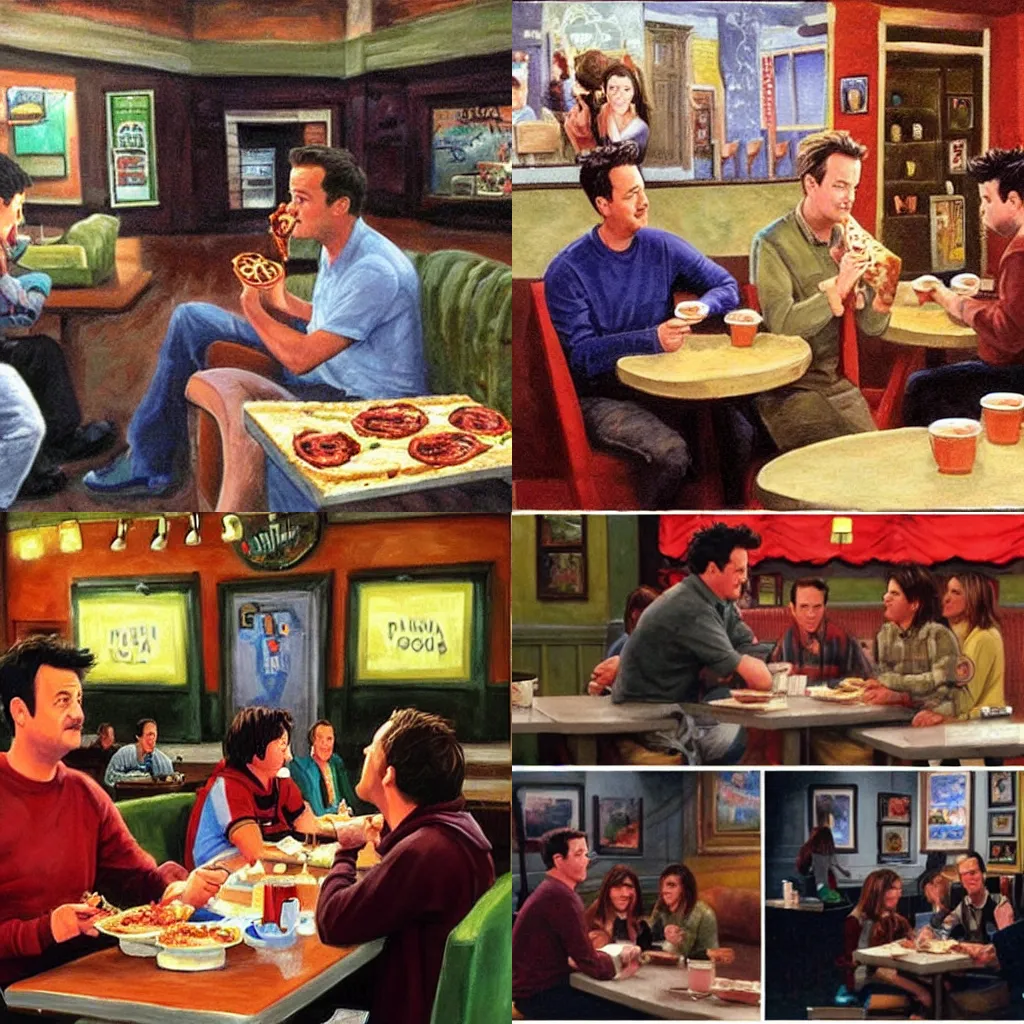 chandler bing and joey Tribbiani eating pizza, friends, Stable Diffusion