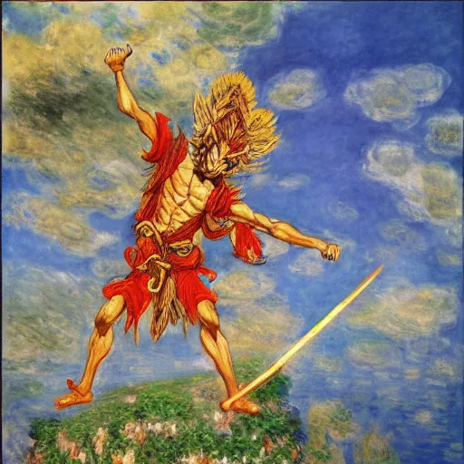 Image similar to Sun Wukong vs god, Journey to the west, 4k, art by Claude Monet