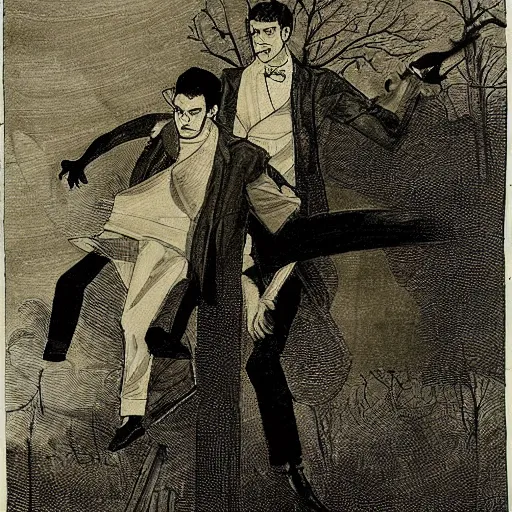 Image similar to two young men, one man human, one man vampire, night, on a birdge in the style of onc piece