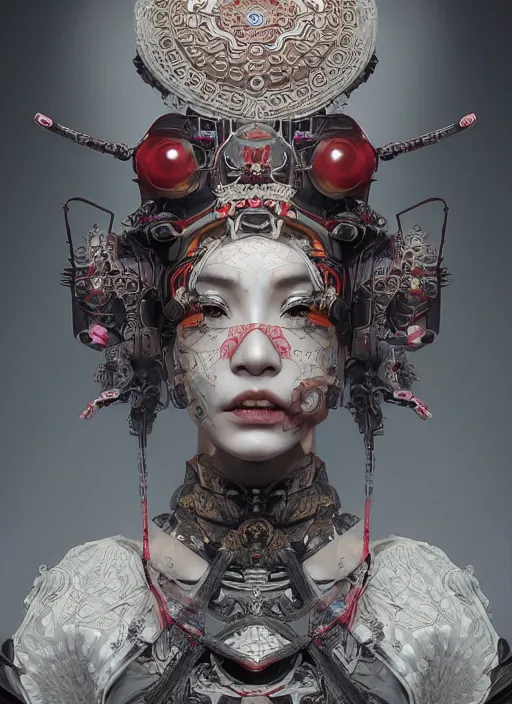 Prompt: portrait of a seductive cyberpunk geisha cyborg with headpiece, imari, sacred geometry, fractal, in the style of ghosts in the shell, intricate ornaments, elegant, highly detailed, digital photography, subsurface scattering, by jheronimus bosch and greg rutkowski,
