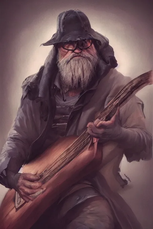 Image similar to a grumpy bald man with a long grey beard playing the guitar, black clothing, 3 d render, hyper - realistic detailed portrait, fantasy, magic the gathering, hyper detailed, octane render, concept art, peter andrew jones, frank frazetta, dan mumford, magali villeneuve