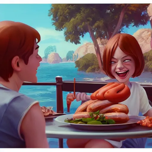 Image similar to emma stone happy to see flying big italian sausages by concept artist gervasio canda, behance hd by jesper ejsing, by rhads, makoto shinkai and lois van baarle, ilya kuvshinov, rossdraws global illumination radiating a glowing aura global illumination ray tracing hdr render in unreal engine 5