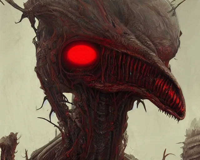 Image similar to alien creature, red, eyes growing on creature, spindly ; high detailed artwork by greg rutkowski ; sci - fi, detailed, scary, dangerous