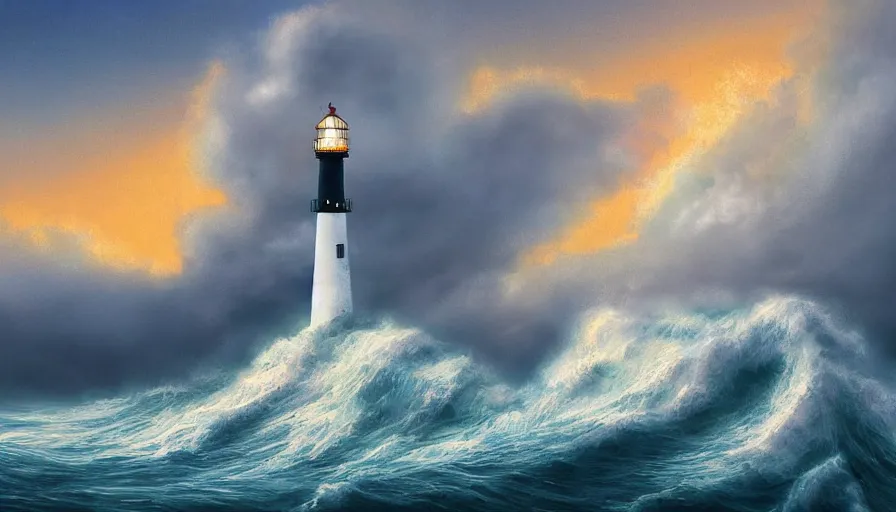 Image similar to a lighthouse being struck by a huge wave out at sea, digital art, highly detailed, realistic, bright colors, 8 k