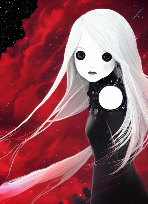 Prompt: highly detailed portrait of a hopeful pretty astronaut lady with a wavy blonde hair, by Cliff Chiang, 4k resolution, nier:automata inspired, bravely default inspired, vibrant but dreary but upflifting red, black and white color scheme!!! ((Space nebula background))
