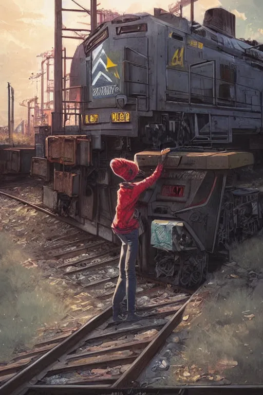 Image similar to graffiti vandal writing graffiti on a train in a train yard, illustrated by greg rutkowski and moebius and loish and artgerm, painterly, illustration, backlit, beautiful artist rendering, gorgeous, masterpiece