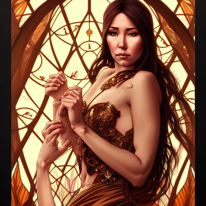 Image similar to jodi arias, goddess of vengeance, tarot card, highly detailed, digital painting, smooth, sharp focus, illustration, ultra realistic, 8 k, art by artgerm and alphonse mucha