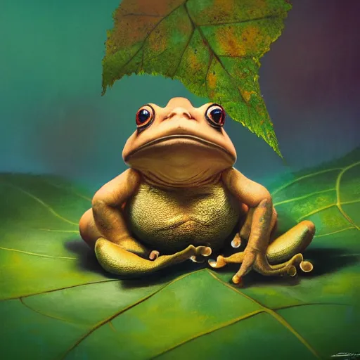 Image similar to soulful long shot of a crazy toad baby sitting under a big leaf, by esao andrews, by m. w. kaluta, ultra humorous illustration, small depth of field, perspective perception, volumetric light, psychedelic colors, 3 d octane render, 8 k, conceptart, hyperdetailed, hyperrealistic, trending on artstation