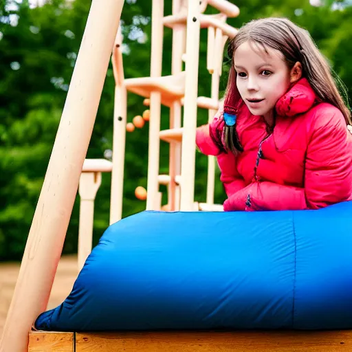 Prompt: Millie 6 years old going to bed on a play structure in a sleeping bag, 4K