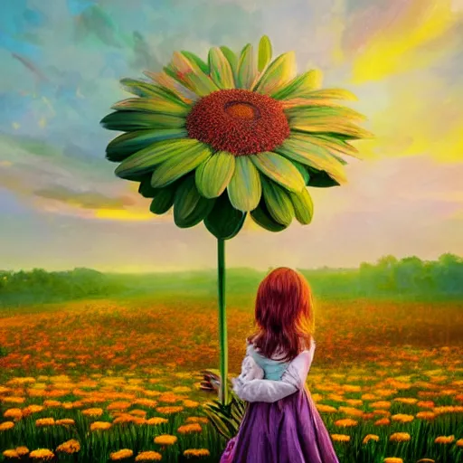 Image similar to giant daisy flower head, portrait of girl in flower field, holding daisy, surreal photography, sunrise, impressionist painting, colorful clouds, digital painting, artstation, simon stalenhag, flower face