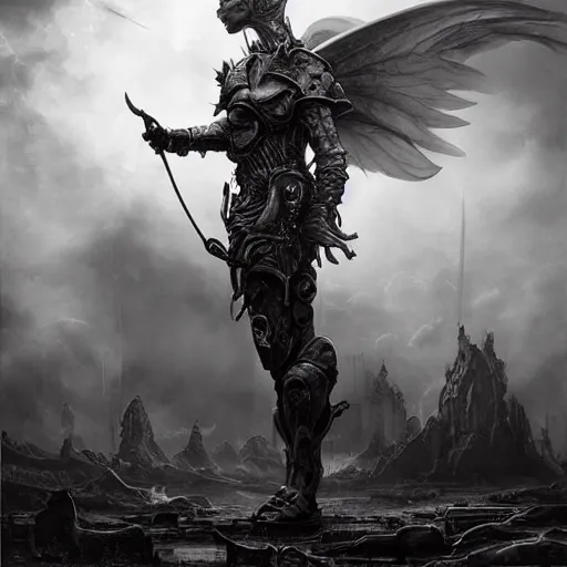 Prompt: By Tom Bagshaw and Boris Vallejo, ultra realist soft painting of a warzone by night, centered Gothic armored unicorn standing, horror, omnious sky, symmetry accurate features, very intricate details, black and white, volumetric light clouds