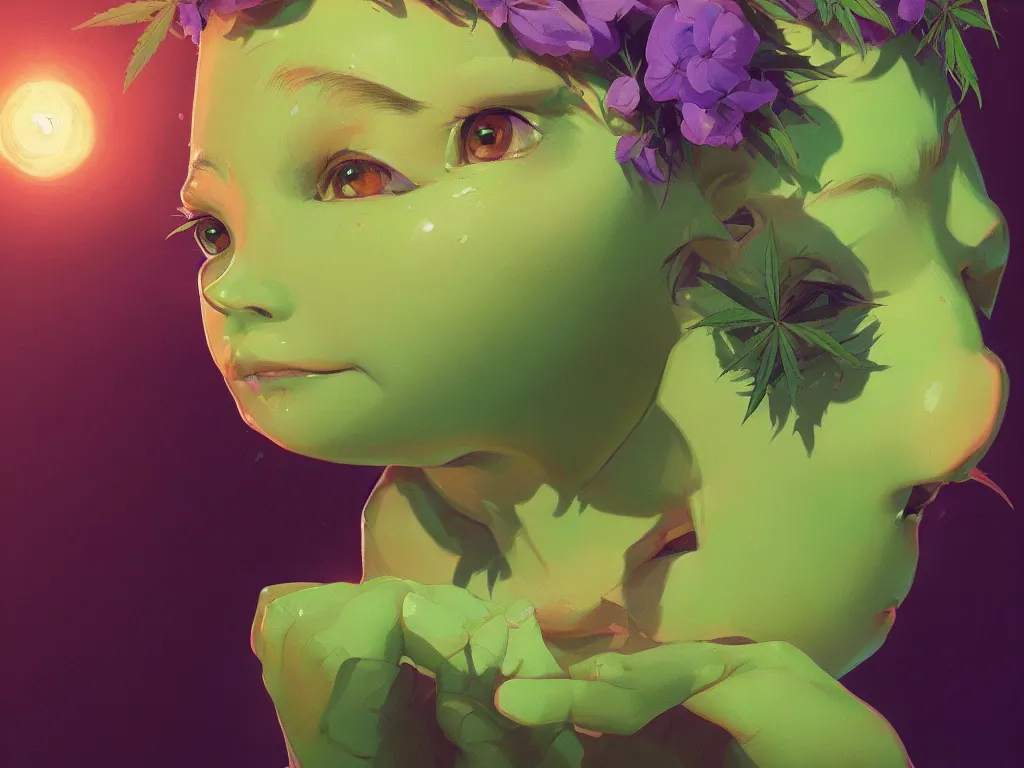 Image similar to kid with symmetrical beauty face, green flowers of marijuana purple glow hemp cannabis, behance hd, by jesper ejsing, by rhads, makoto shinkai, lois van baarle, ilya kuvshinov, rossdraws global illumination, golden ratio