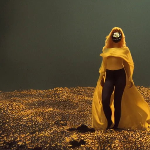 Image similar to The full body shot of beautiful pale woman with white flowers and full-face golden mask inside a thick black smoke in rocky desert landscape, glowing eyes everywhere, burning earth by Gaspar Noe and Christopher Doyle, anamorphic lens, anamorphic lens flares, kodakchrome, cinematic composition, practical effects, award winning photo, 8k,