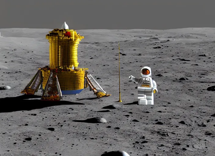 Image similar to a high-definition photograph of a large Lego rocket landing on the moon