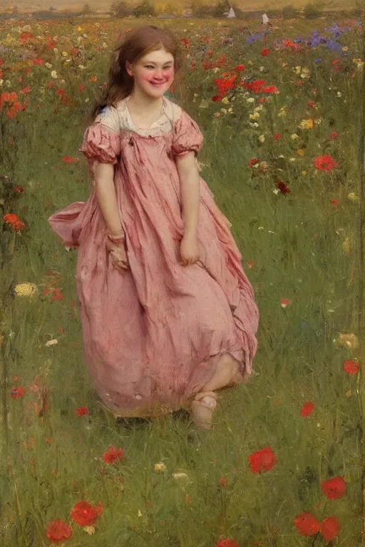 Prompt: Solomon Joseph Solomon and Richard Schmid and Jeremy Lipking victorian genre painting portrait painting of a laughing young village girl in an open field of flowers, red background