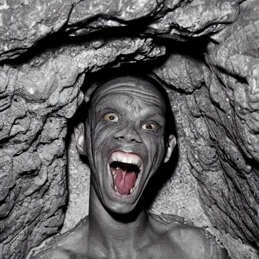 Prompt: photo inside a cavern of a wet reptilian humanoid rapper partially hidden behind a rock, with black eyes, open mouth and big teeth