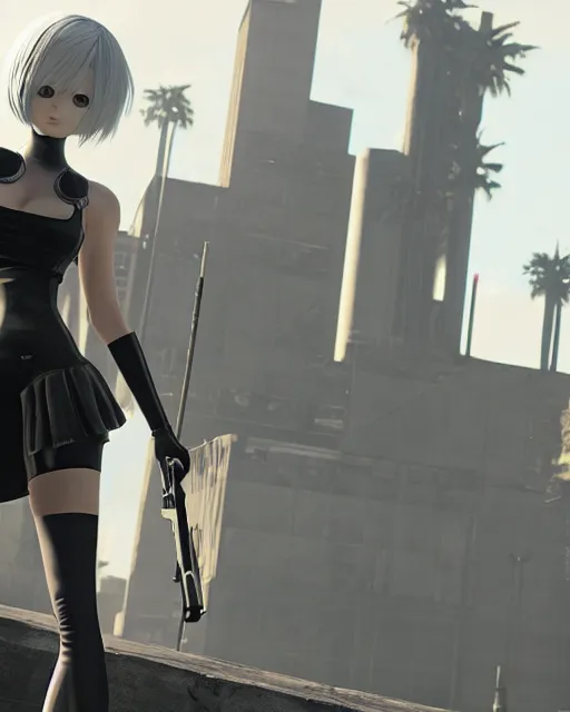 Prompt: 2B from Nier Automata and with slender body type standing in front of a large building holding a pistol, GTA 5 loading screen cover, 8k