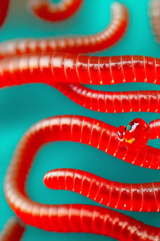 Image similar to high quality macro photo translucent gelatinous worms! gorgeous red dots highly detailed hannah yata elson peter cinematic turquoise lighting high quality low angle hd 8k sharp shallow depth of field