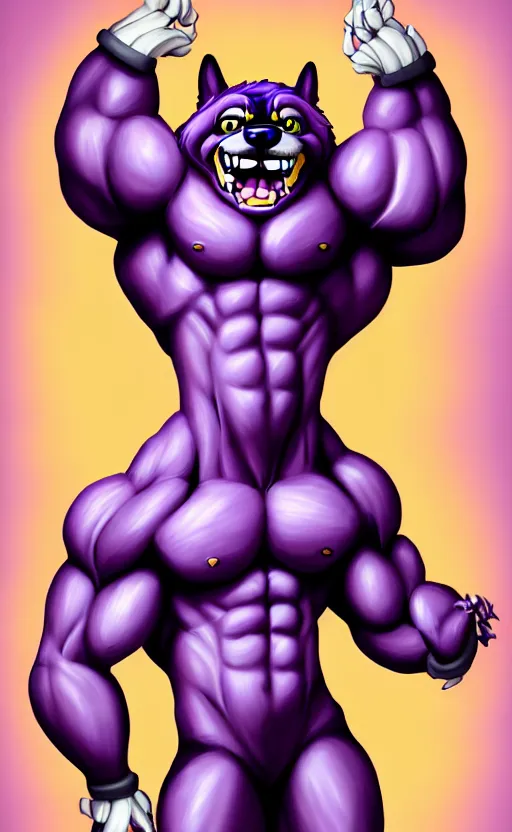 Prompt: painting of an anthropomorphic bulky muscular purple dog, furry style, wearing jeans, deviant art, fursona, professional furry drawing, insanely detailed, bulky husky dragon like face, doing a pose from jojo's bizarre adventure, detailed veiny muscles, exaggerated features, beautiful shading, huge white teeth, grinning, colorful background