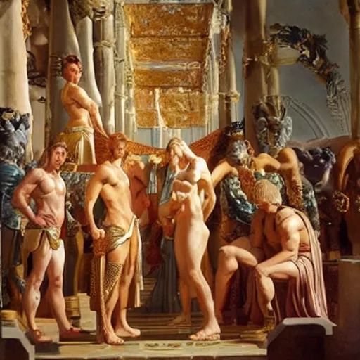 Image similar to hercules gives achilles the side - eye while they wait in line to worship at zeus's feet, throne of olympus, heavenly marble, gods and goddesses in elegant clothes, painting by gaston bussiere, craig mullins, j. c. leyendecker, tom of finland