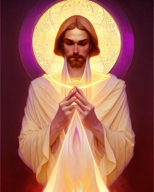 Image similar to symmetry portrait of saint germain, violet flame, intricate, elegant, highly detailed, digital painting, artstation, concept art, smooth, sharp focus, illustration, art by artgerm and greg rutkowski and fra angelico and alphons mucha