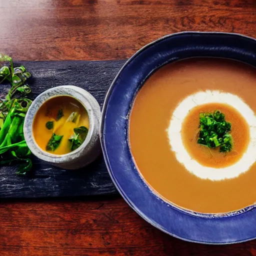 Image similar to a soup with teeth floating, food photography