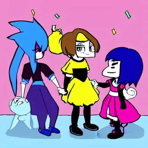 Image similar to kris from deltarune and lucy loud comparing hairstyles, bemused by each other, anime style